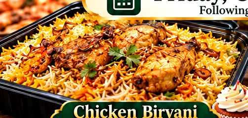 Illustration of chicken biryani presented in a black catering tray